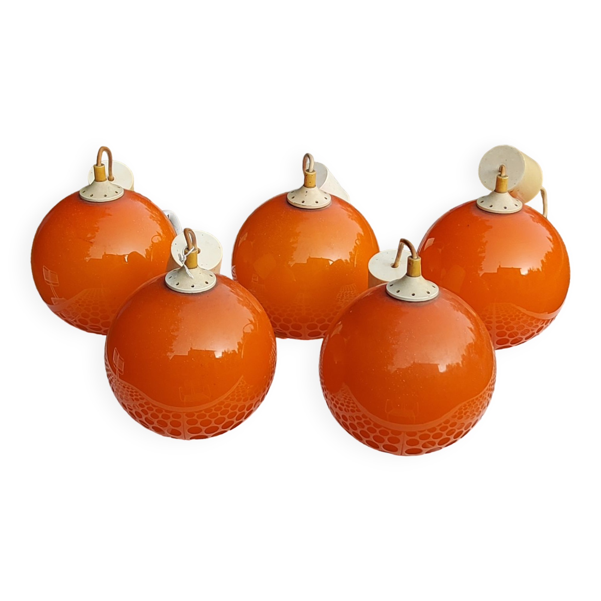 Set of 5 orange glass ball pendants from the 70s