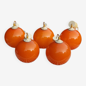 Set of 5 orange glass ball pendants from the 70s