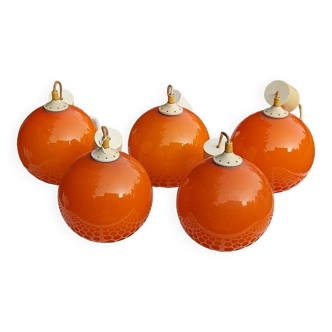 Set of 5 orange glass ball pendants from the 70s