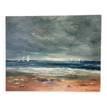 Bord de mer avec voiliers, grand format, huile sur toile signée