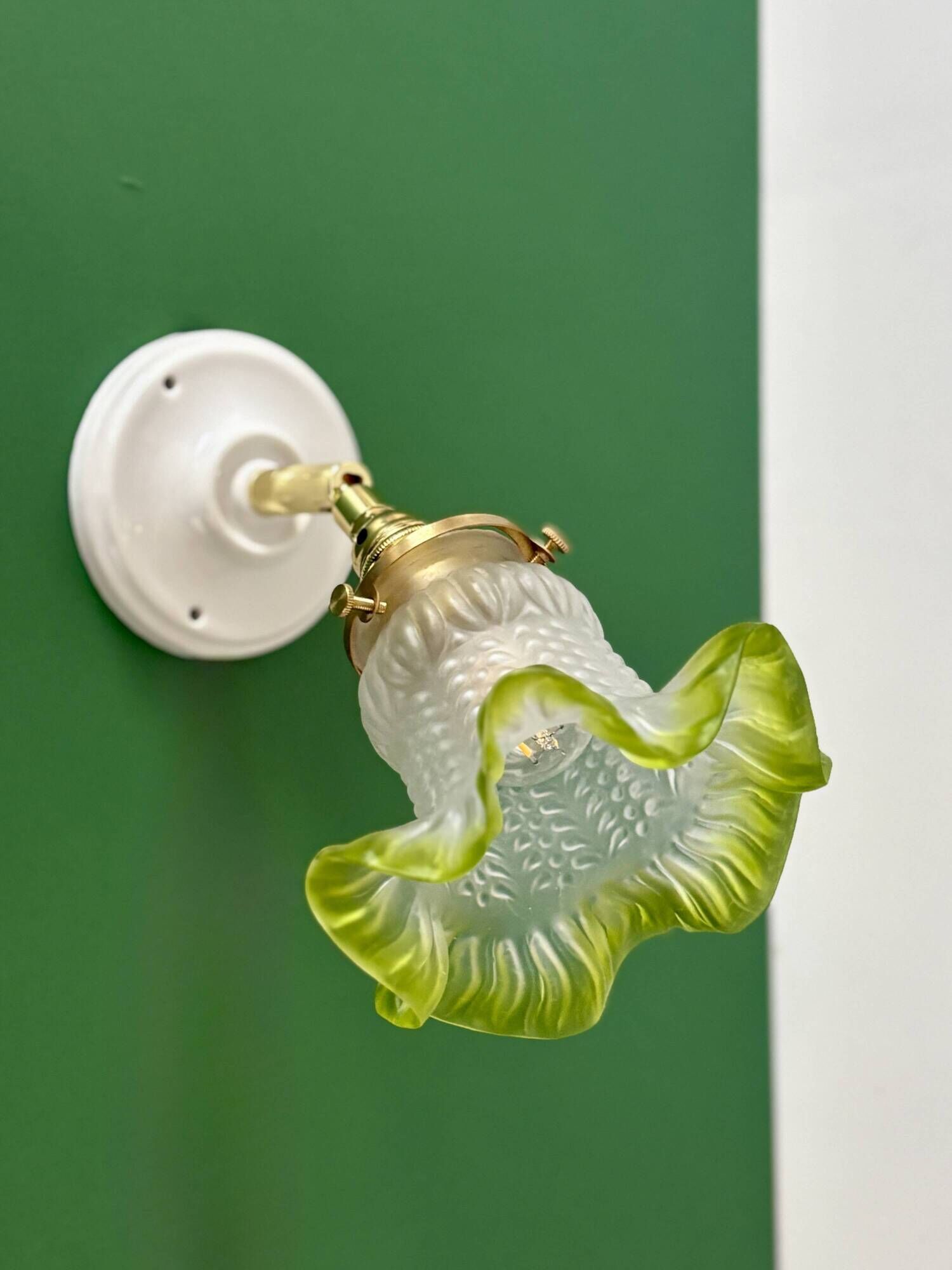 Vintage green frosted glass tulip wall light