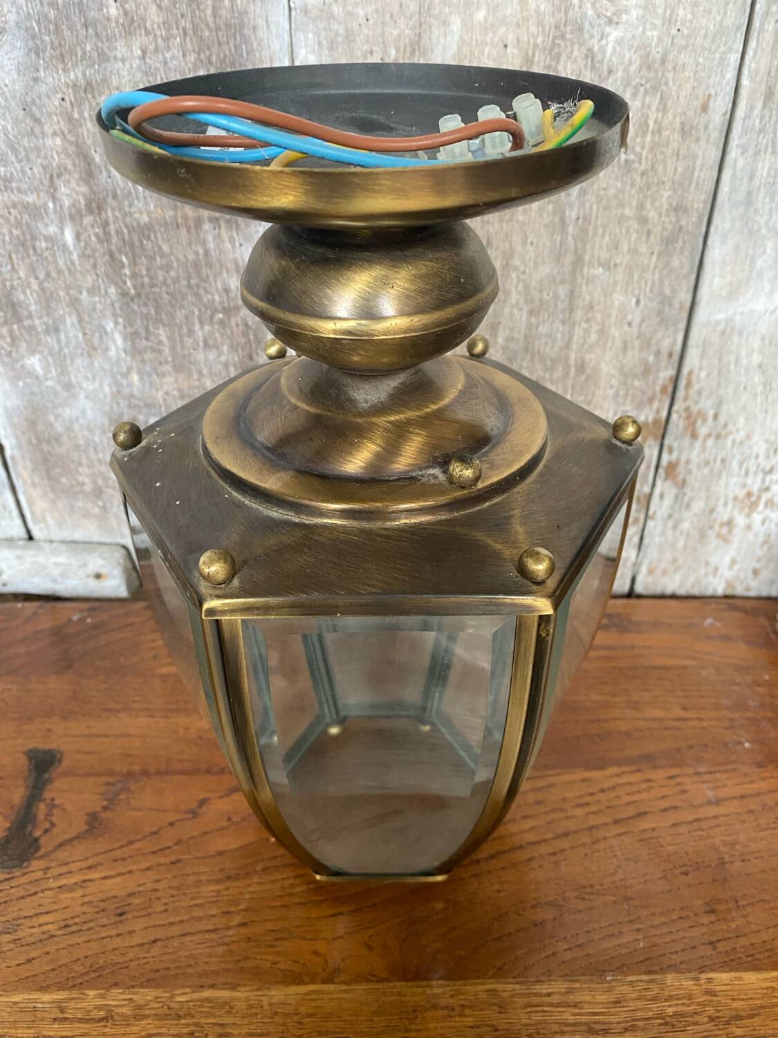 Antique brass lantern ceiling light + 6 faceted beveled glass vintage