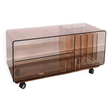 Vintage hifi, LP kast, tv meubel van getint plexiglas op wielen, platen