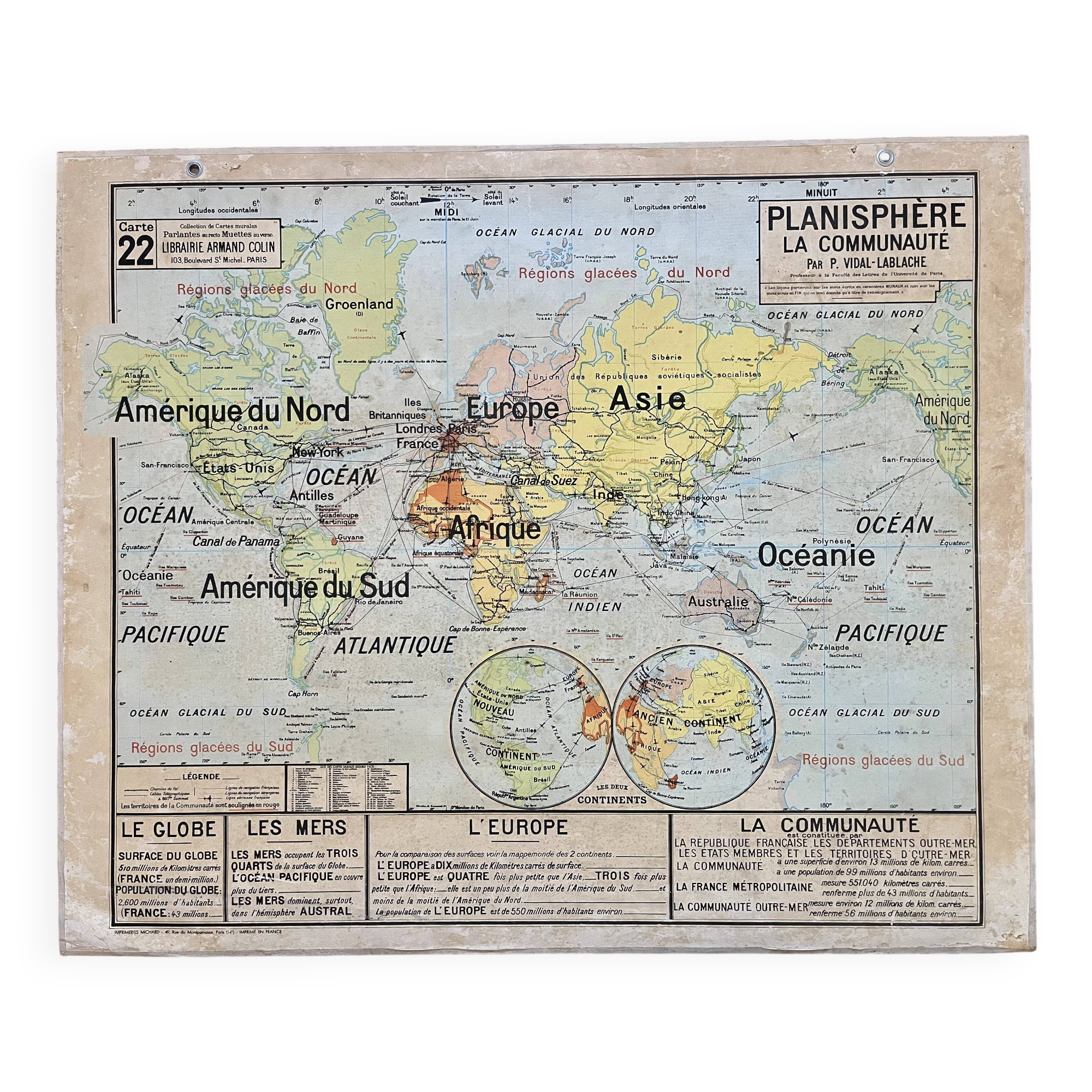 Old school map Vidal-Lablache 22, 1958 - World map, colonies