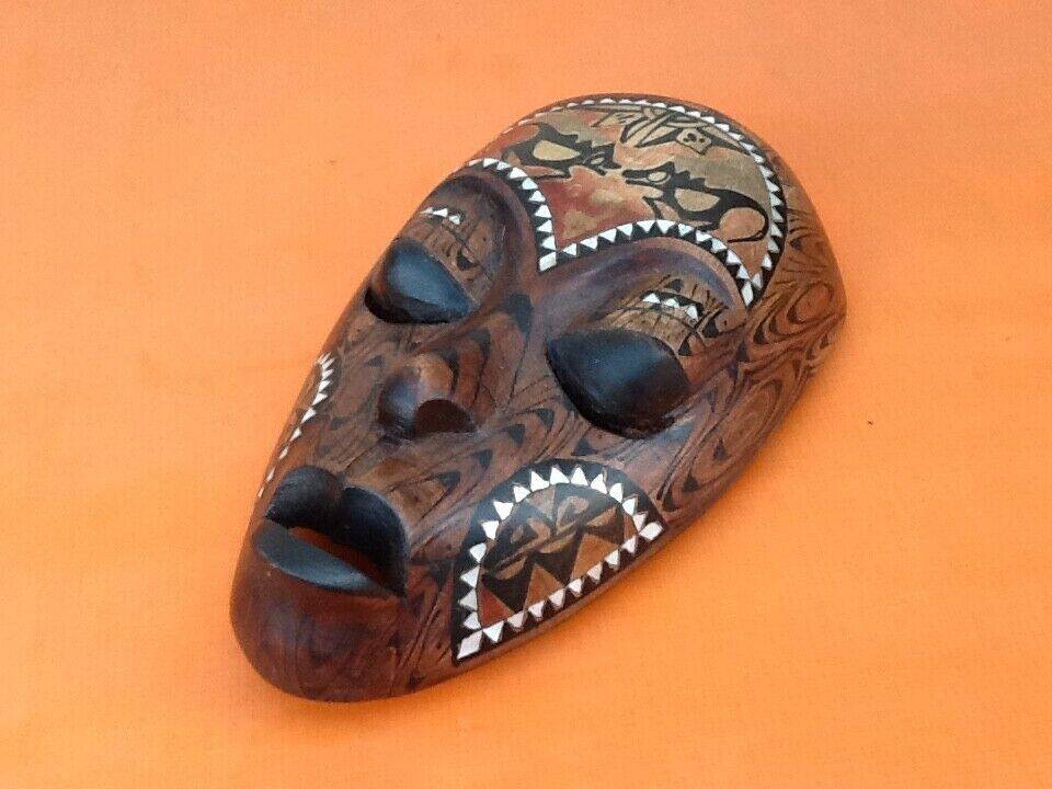 African / Tribal hanging mask Carved wood inlaid with mother-of-pearl