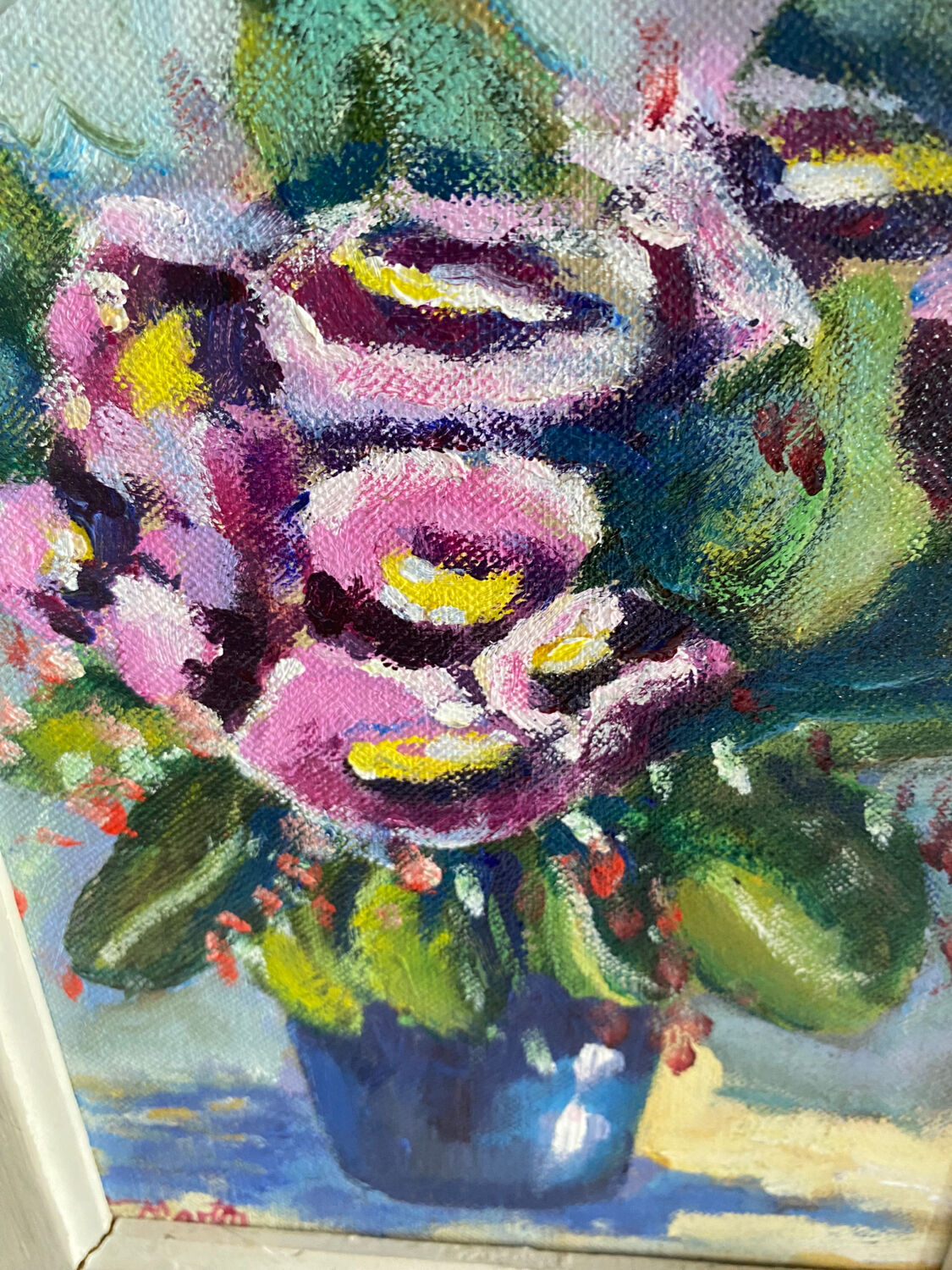 Painting on panel flowers in a vase.