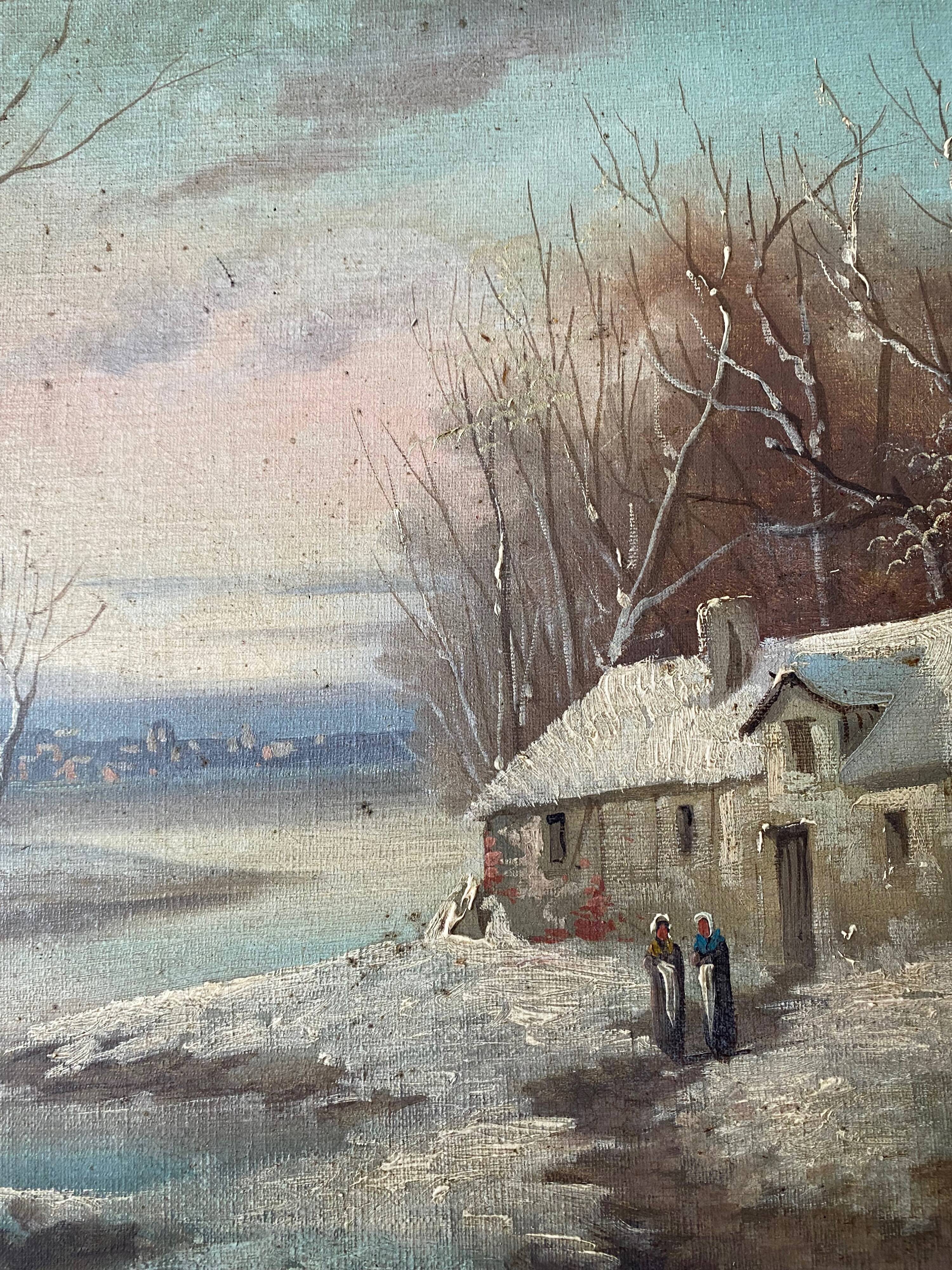 HST painting "Winter landscape" signed Flemish + frame XIX°