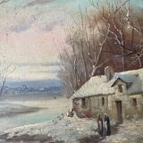 HST painting "Winter landscape" signed Flemish + frame XIX°