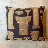 Armchair in a wooden confessional style with black and beige cotton.