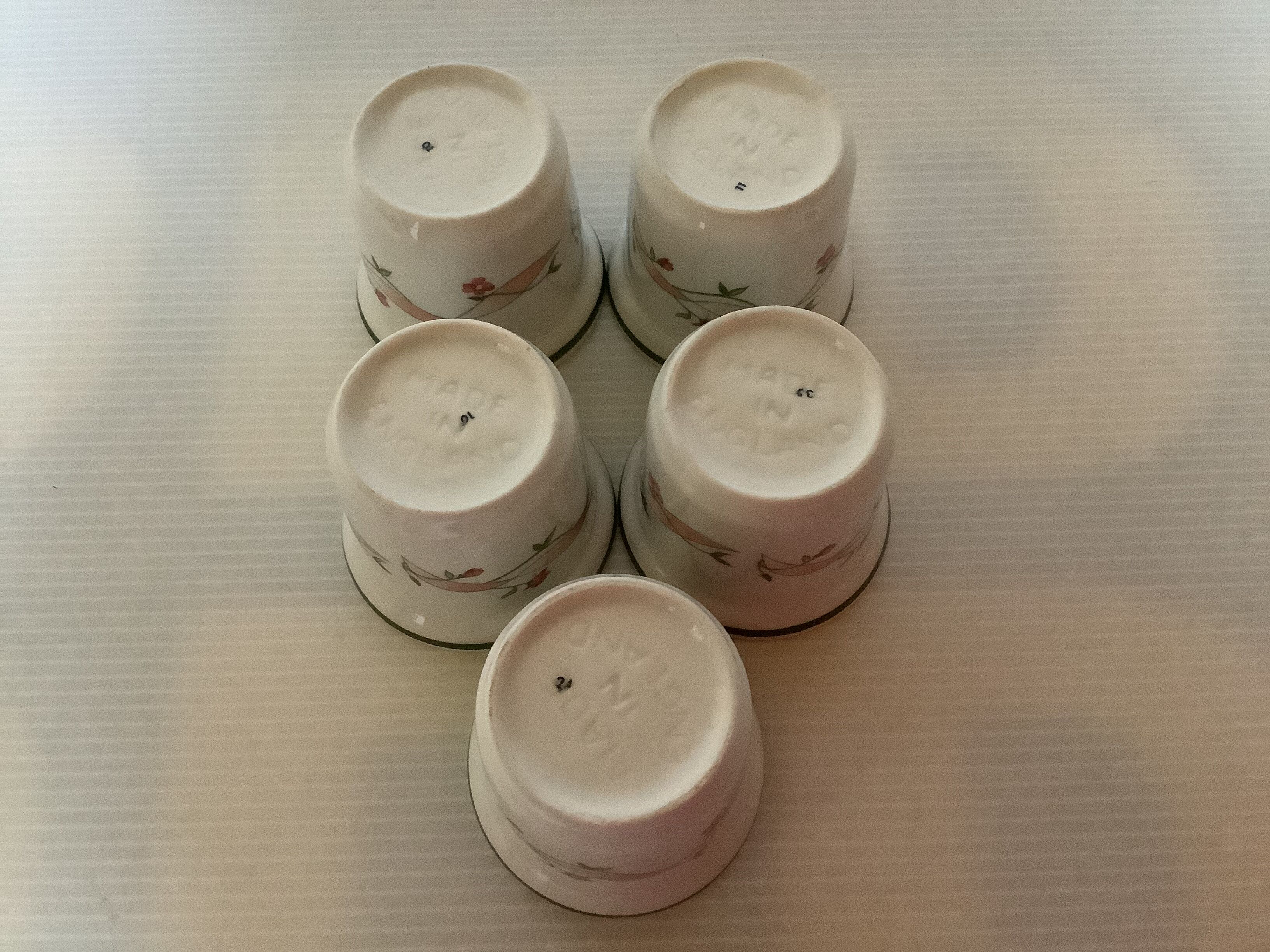 5 pink flower egg cups made in England