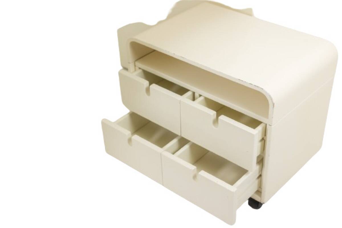 Desk and its cardboard box in white lacquered plywood. 1970s.