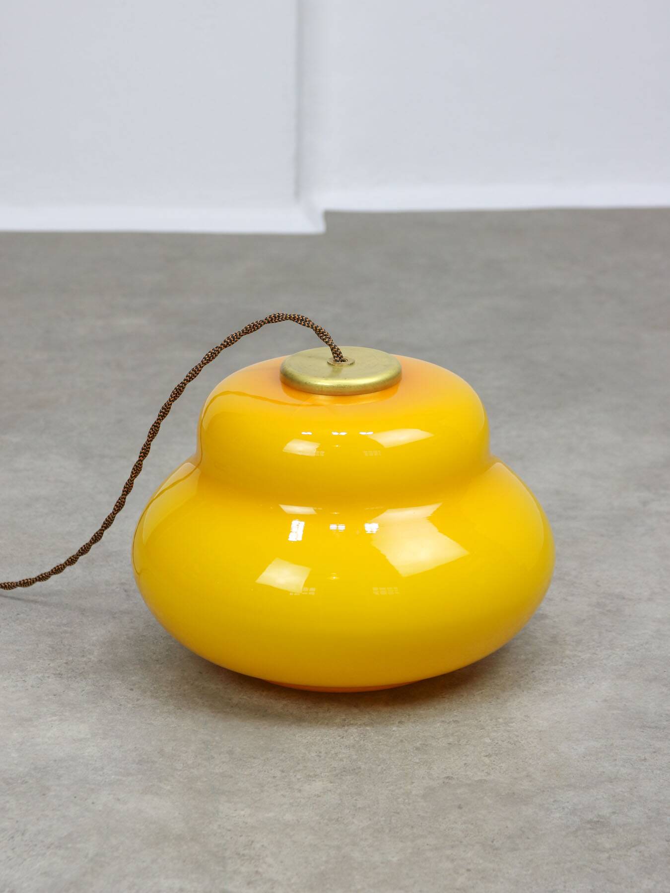 Mid-Century Italian Yellow Glass and Brass Pendant Lamp