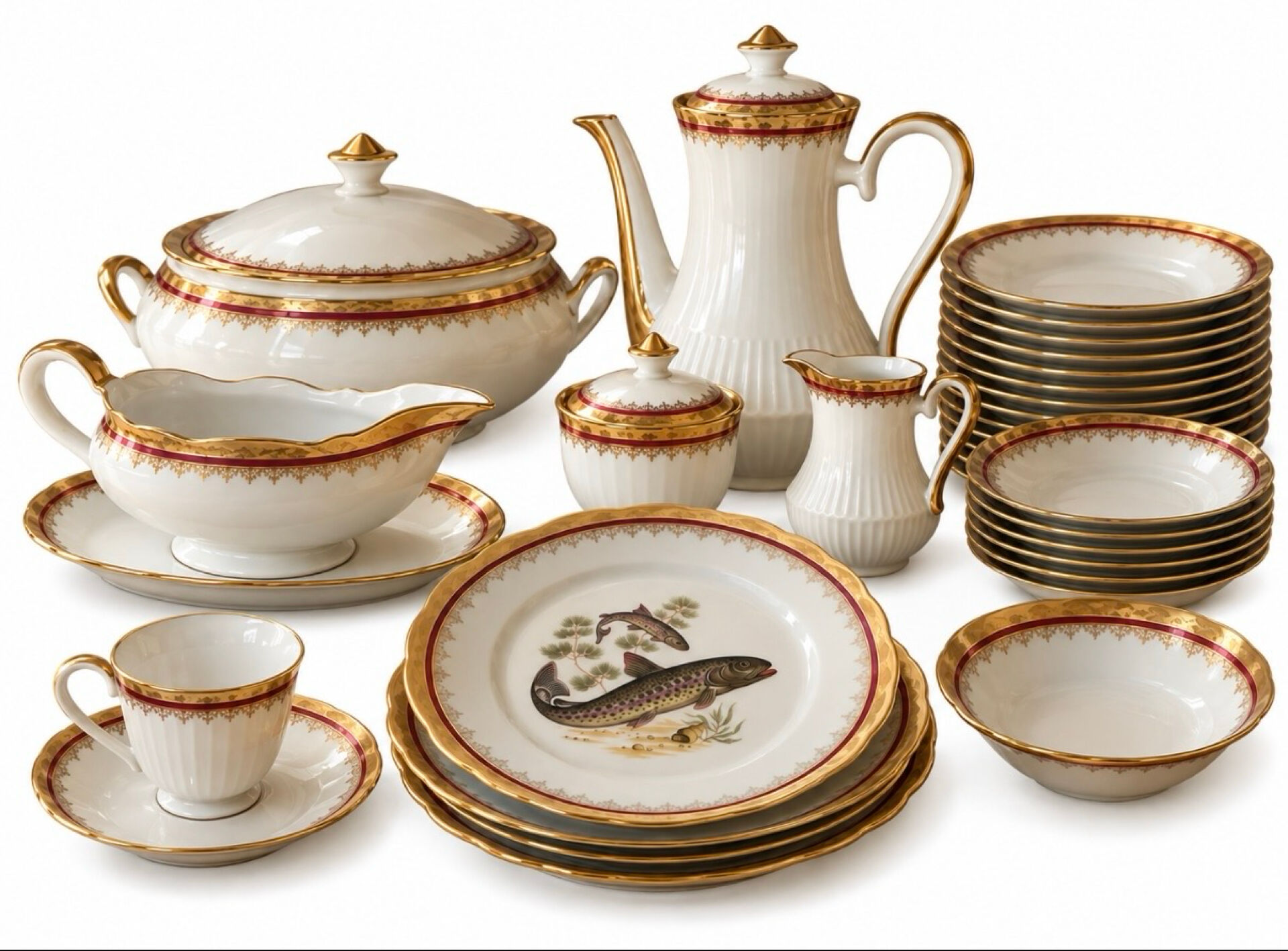 Service complet 78 pièces en porcelaine de Limoges filet or