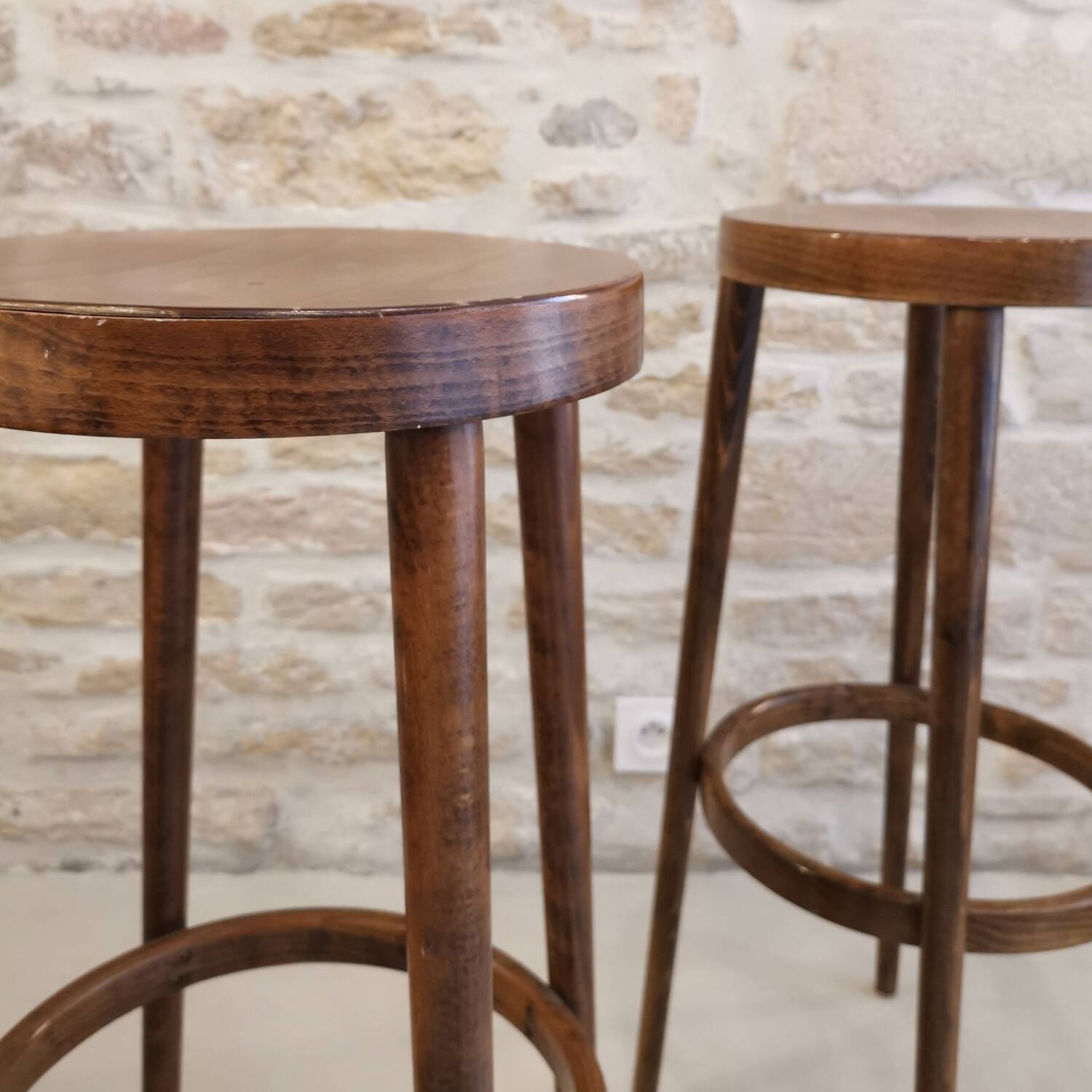 Pair of Baumann wooden high stools