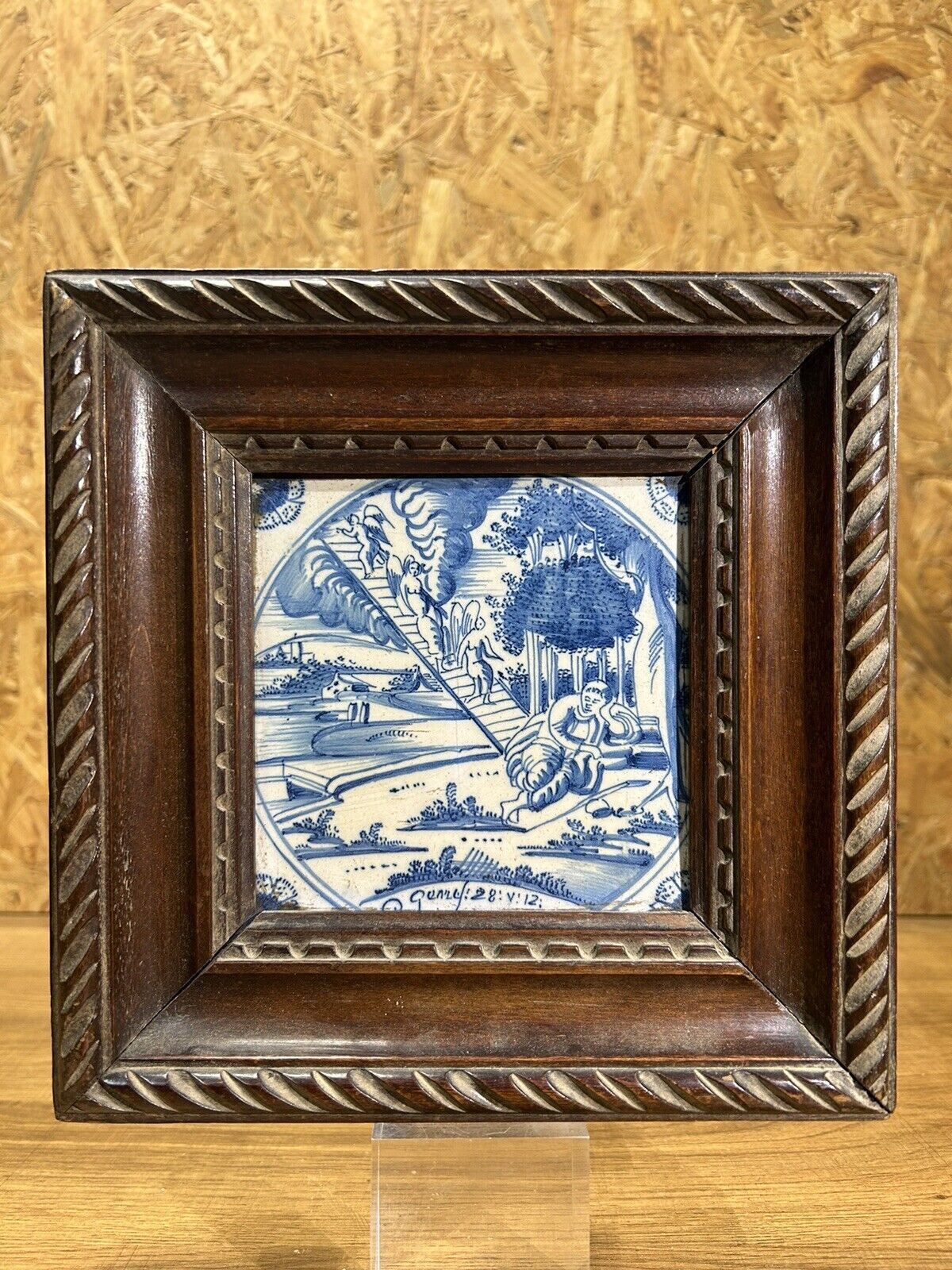 Old Delft tile, eighteenth century, old frame, scene man sleeper, signed