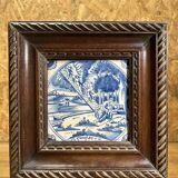 Old Delft tile, eighteenth century, old frame, scene man sleeper, signed