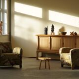 Modern Danish pair of curved lounge chairs, original fabric, Fritz Hansen, 1940.