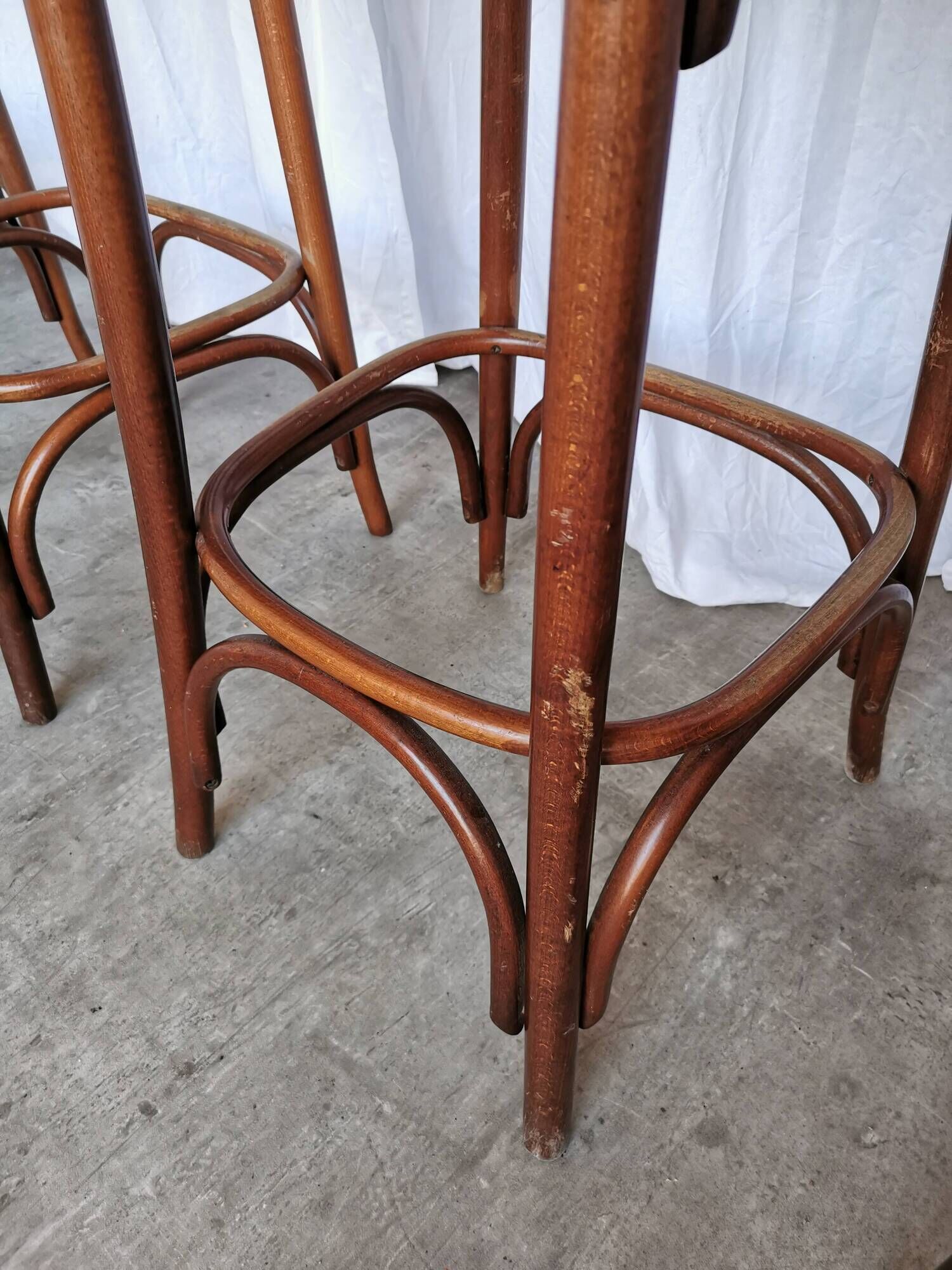 Set of 6 Vintage Bentwood Bar Stool Set: Brown Leather Seat, Nailhead Trim