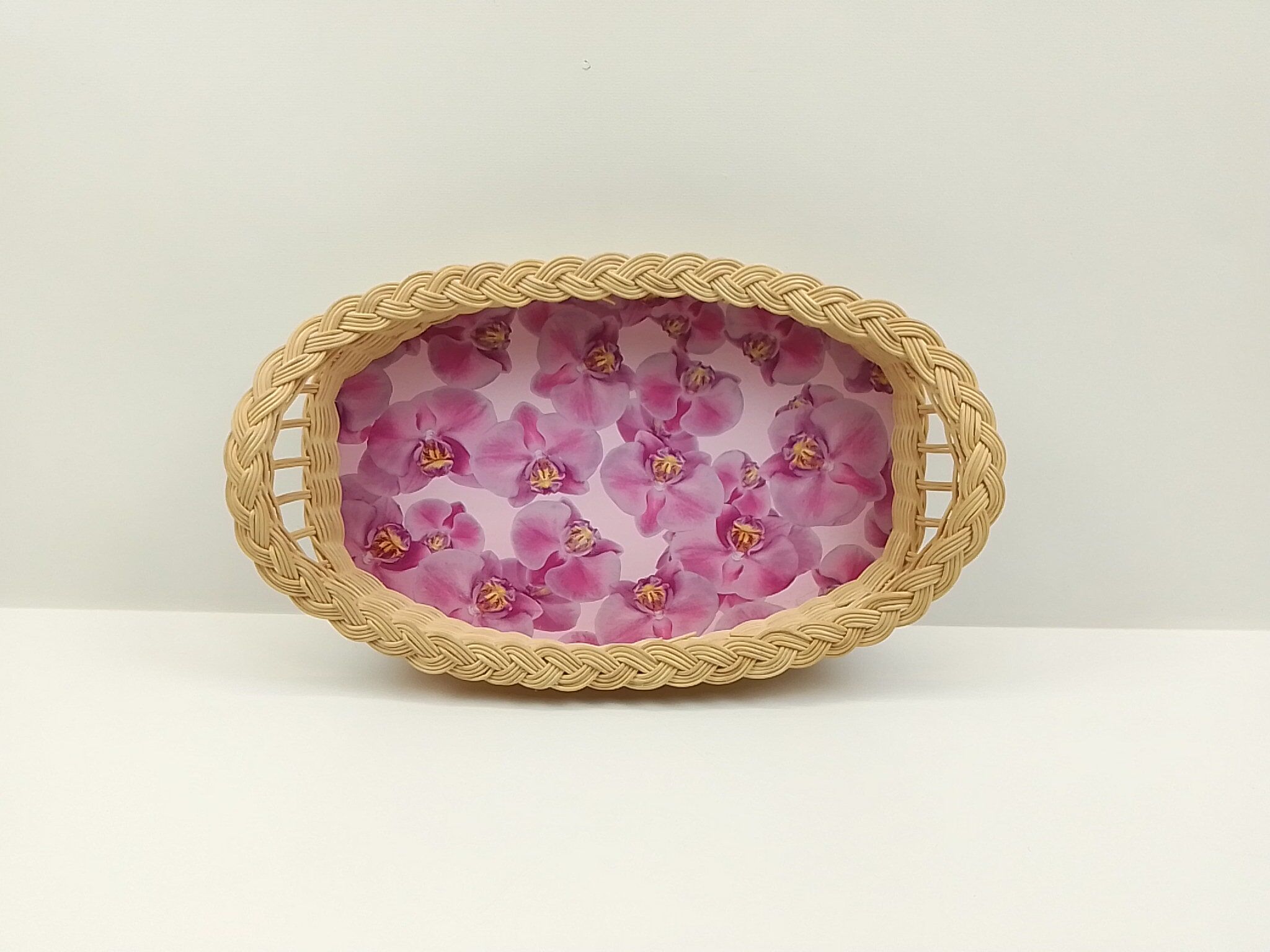 Oval wicker top 2 handles deco orchids