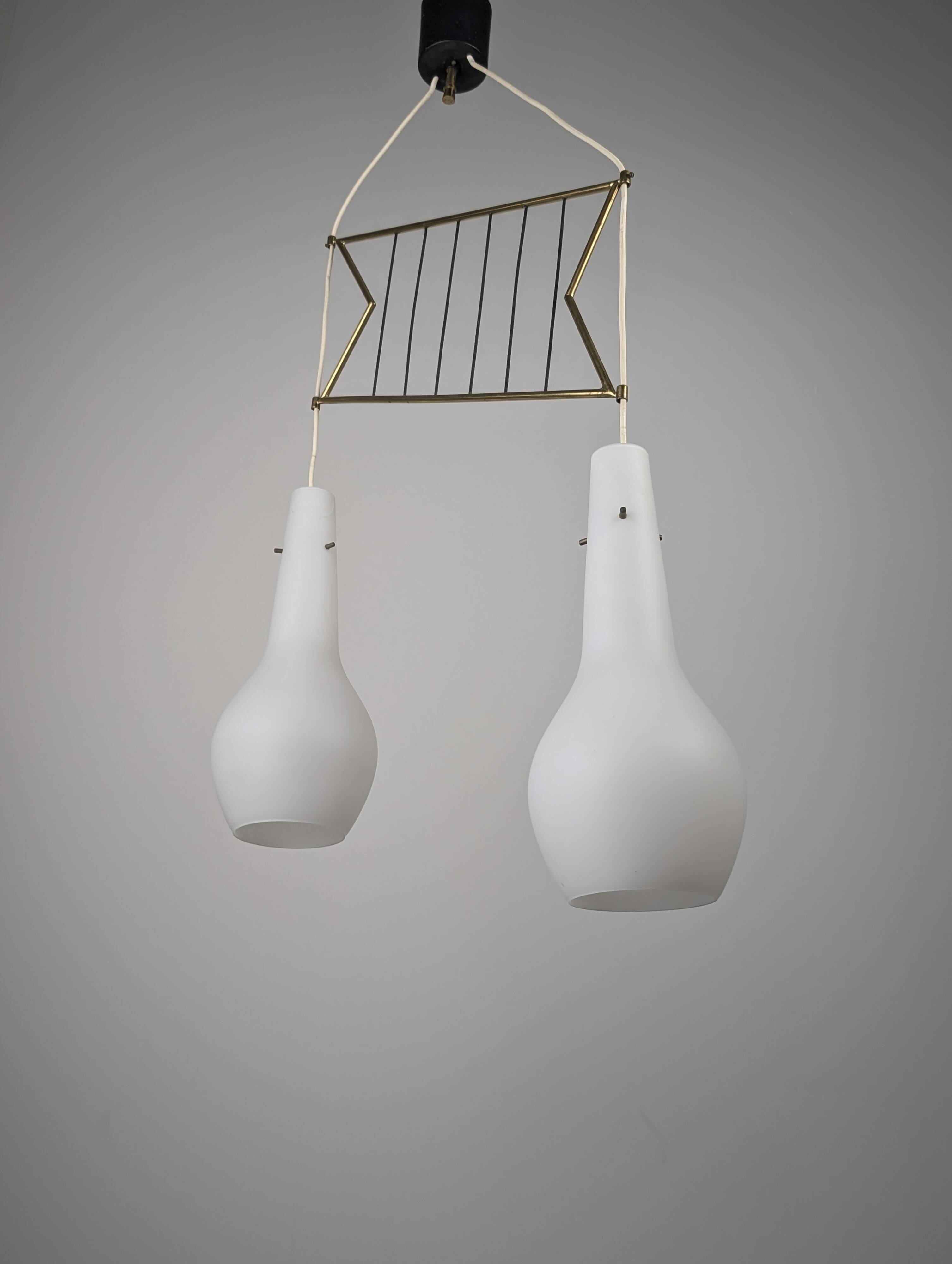 Italian Pendant Lamp with Opaline Shades & Brass, Stilnovo Style, 1950s