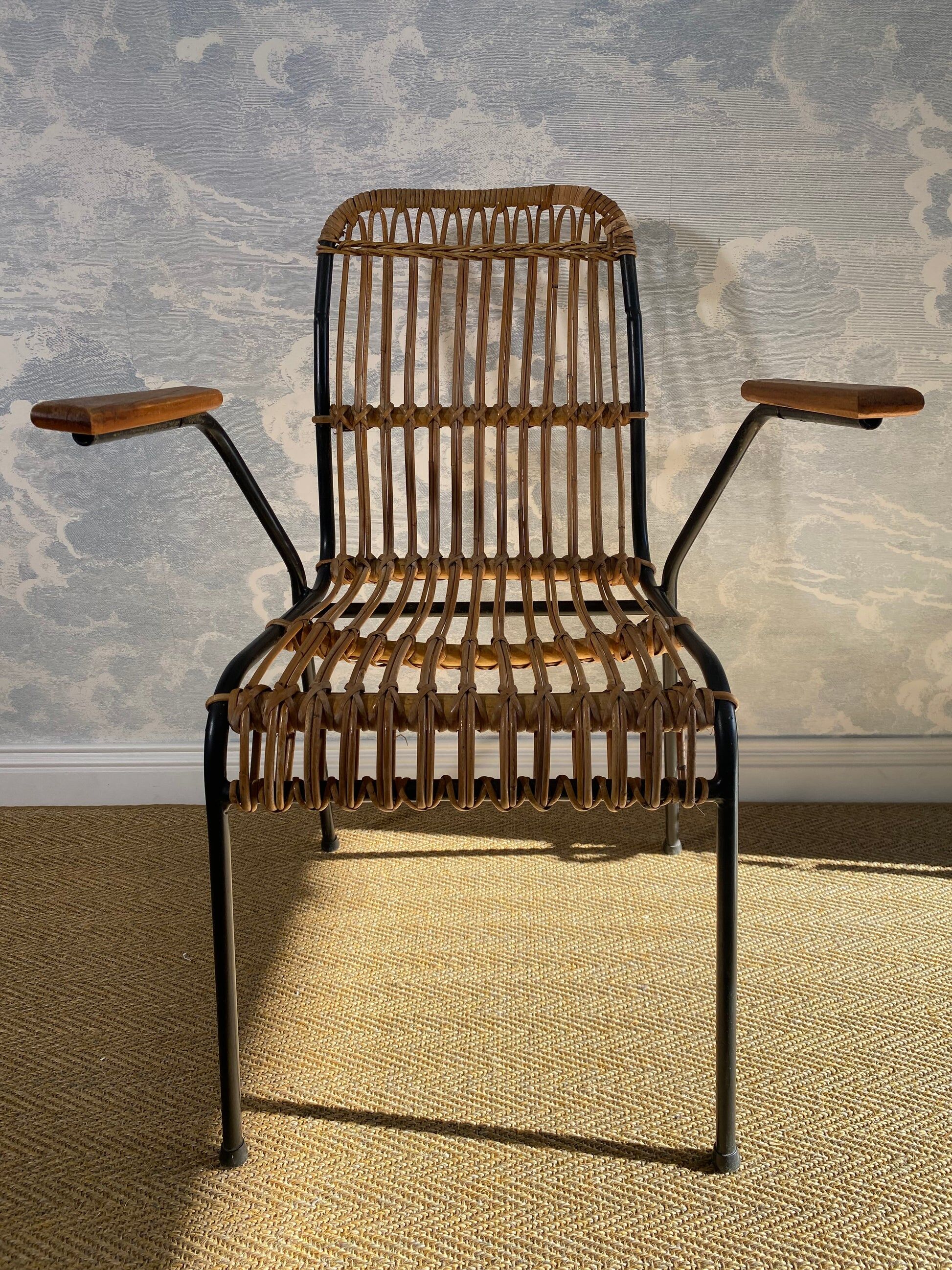Set of 4 vintage rattan and bamboo chairs by Schumacher, Belgium 1950s.