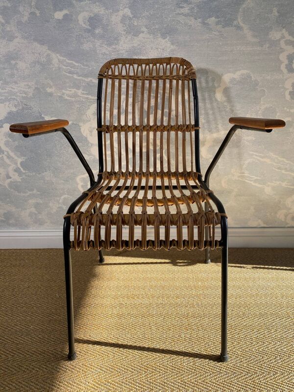 Ensemble de 4 chaises vintage en rotin et bambou, par Schumacher, Belgique 1950s