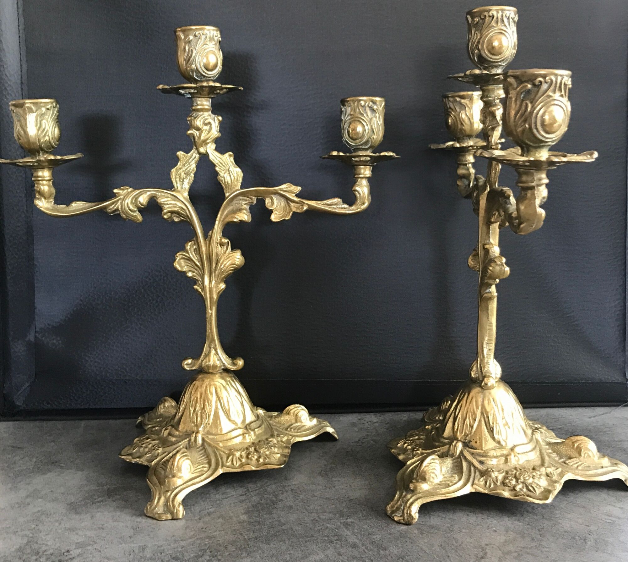 Pair of old candlesticks in bronze 3 lights rocaille style 28,5 cm