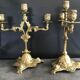 Pair of old candlesticks in bronze 3 lights rocaille style 28,5 cm