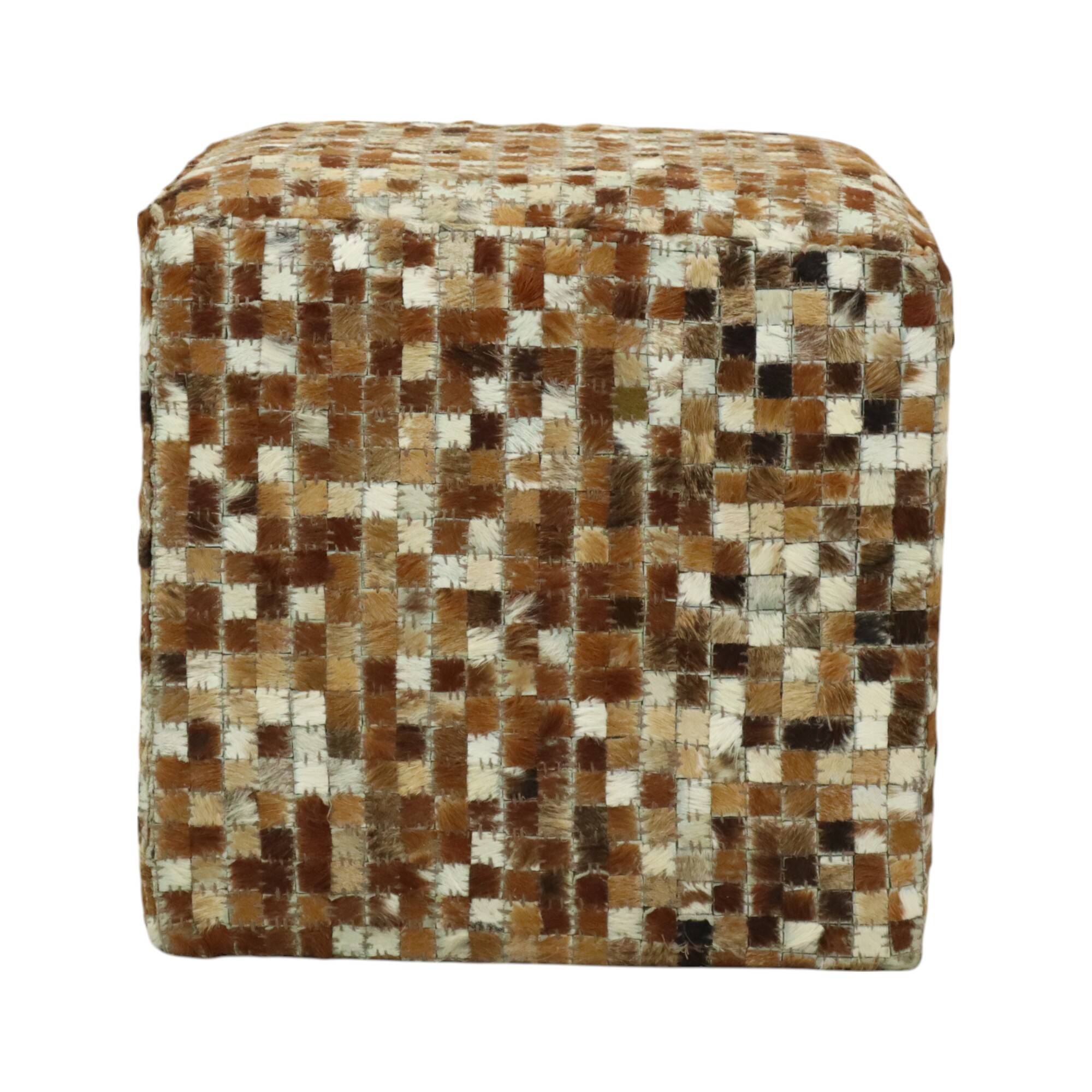 Vintage Square Pouf Goat Leather Patchwork Mosaic Pattern