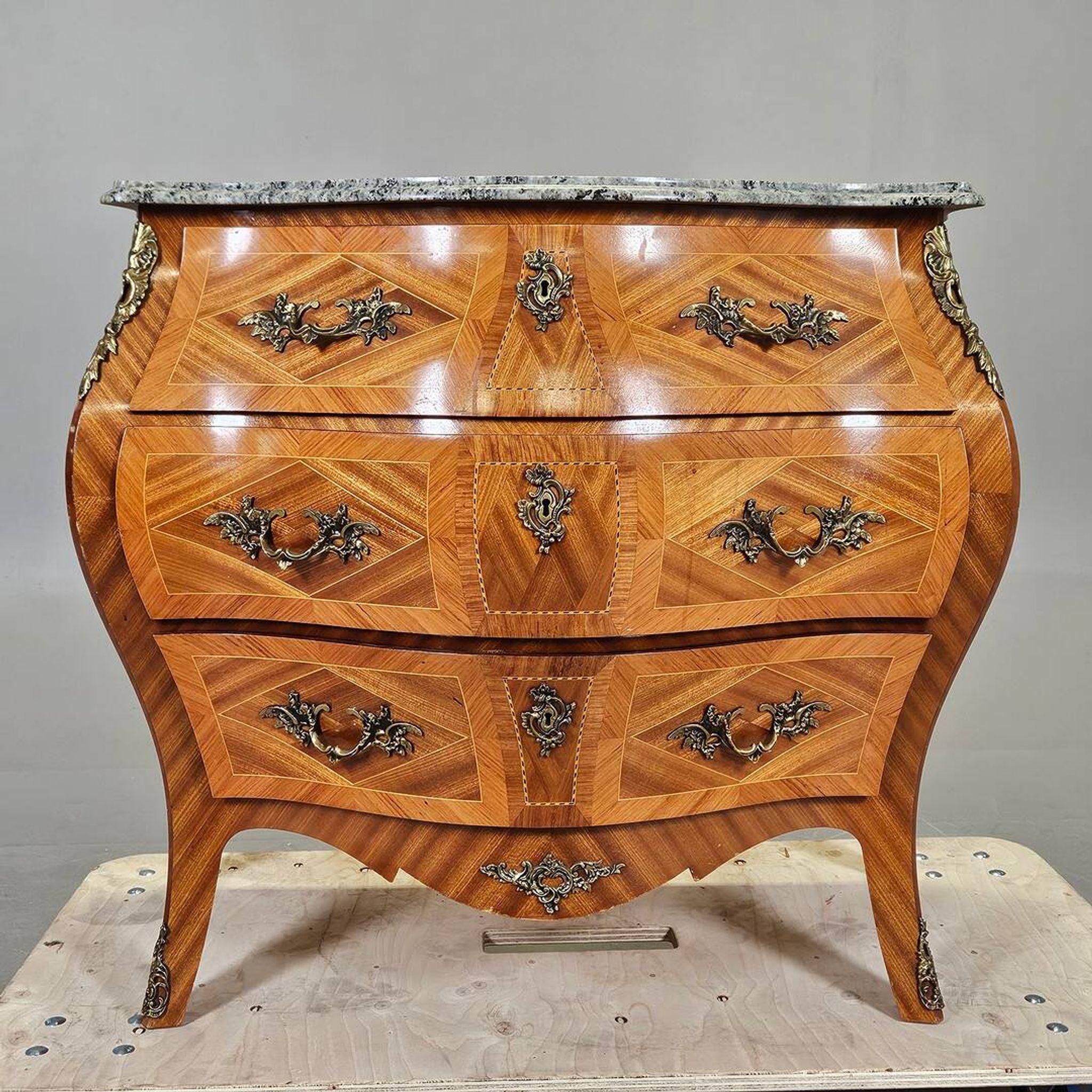 Rococo-Style Chest of Drawers — Stone Top, Mahogany & Brass Fittings