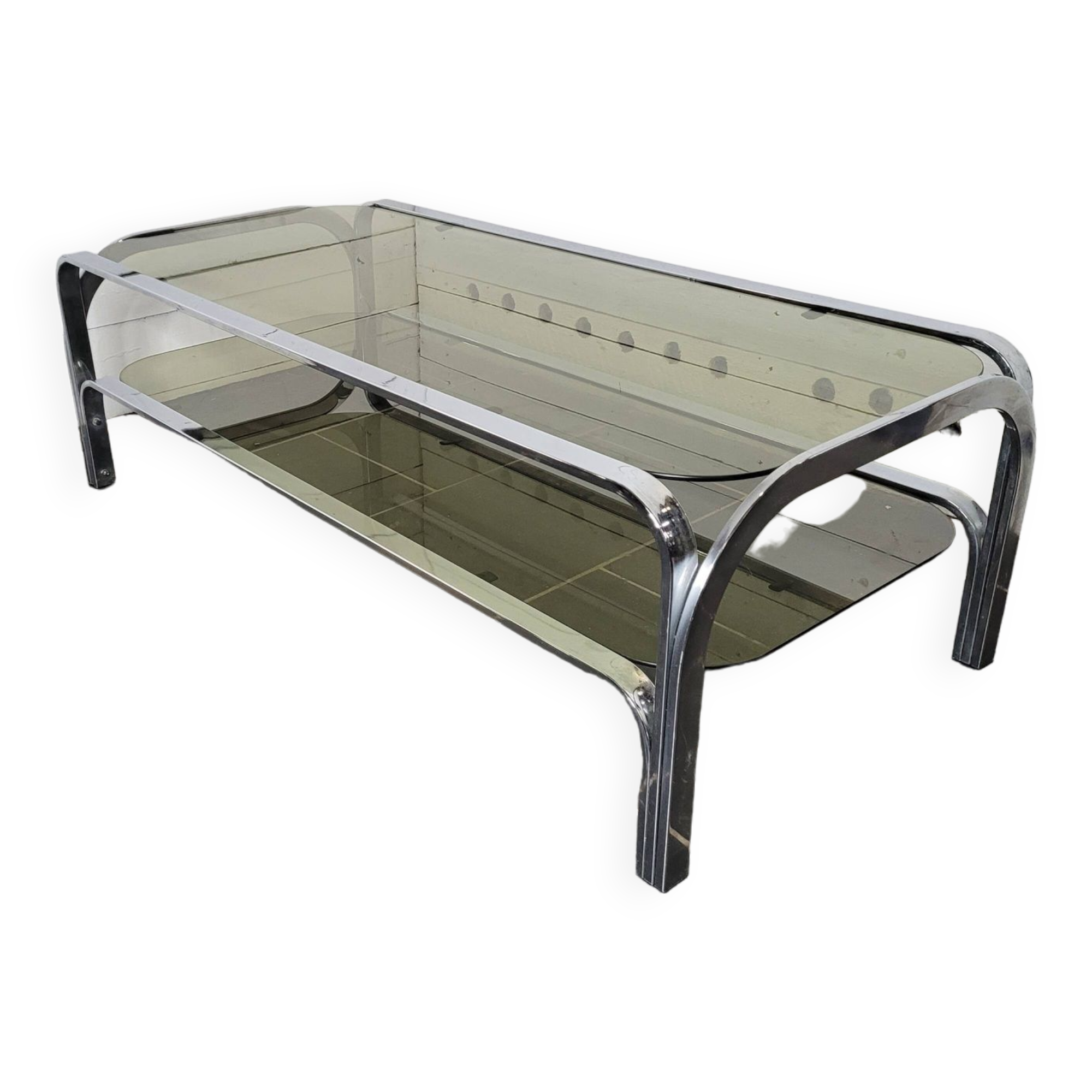 Chromed metal coffee table with smoked glass top from the 70s