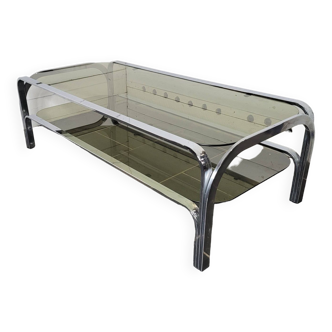 Chromed metal coffee table with smoked glass top from the 70s