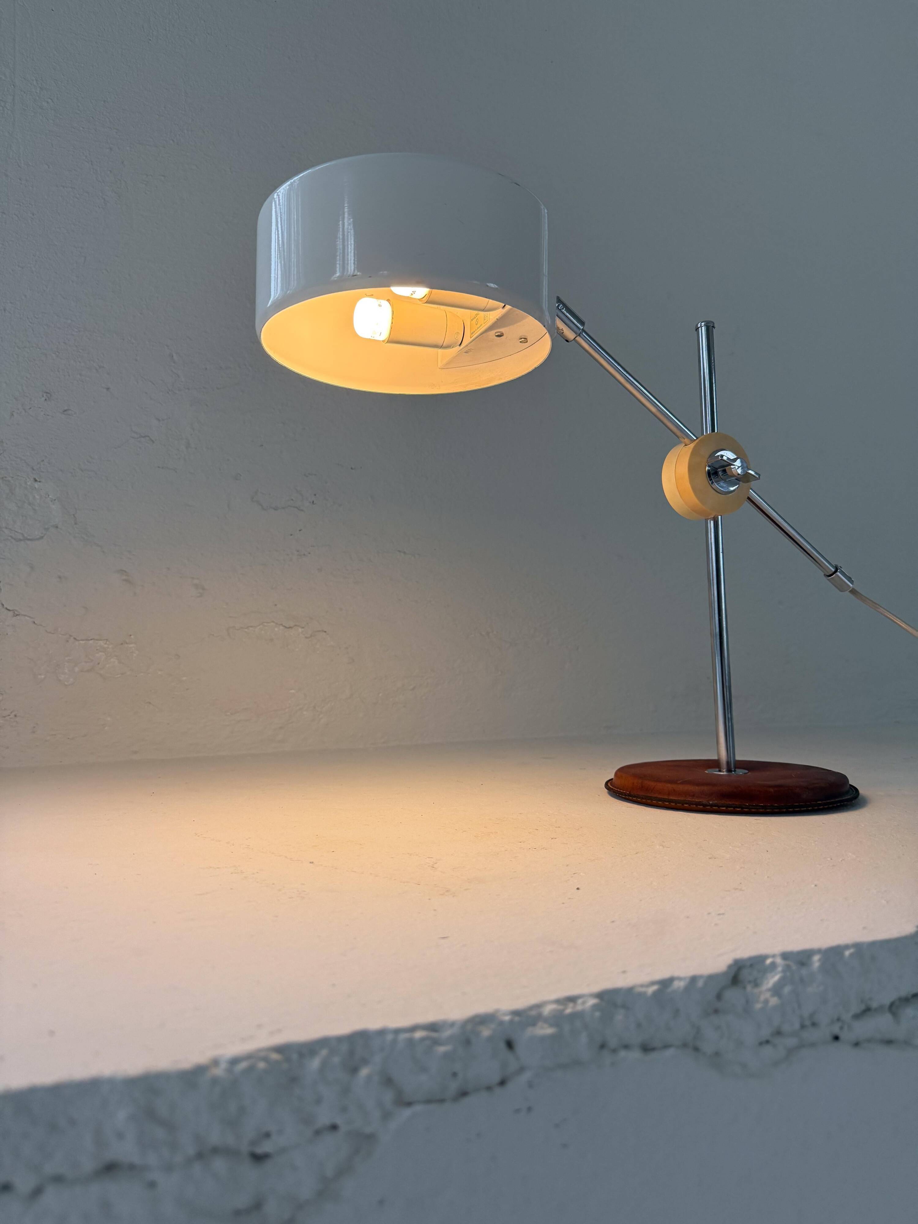 Vintage Midcentury desk lamp in brown leather and chrome Atelje Lyktan, Sweden