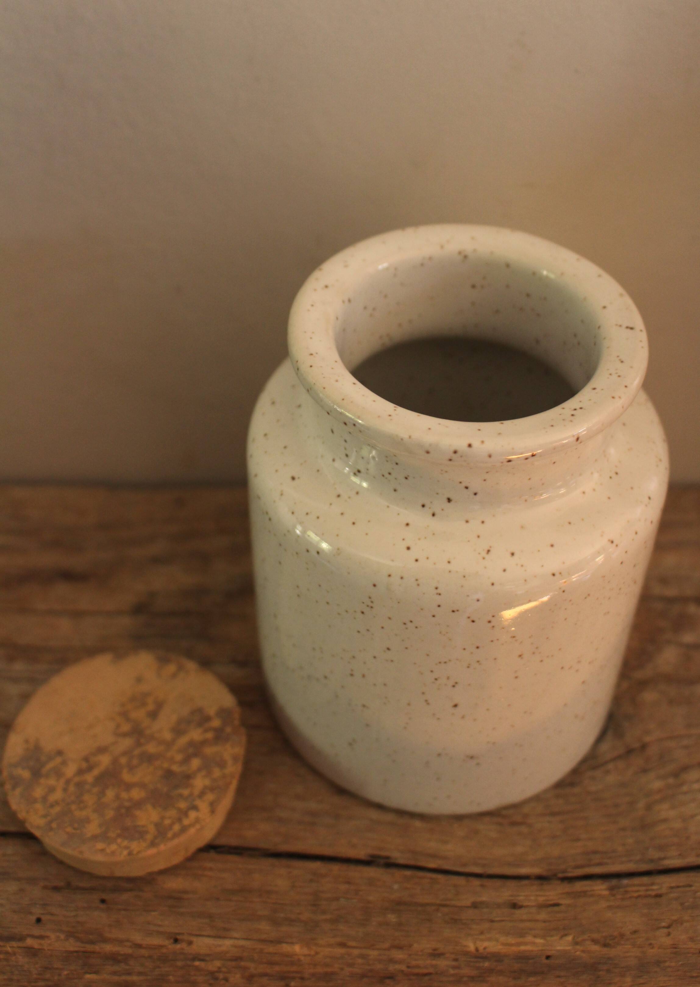 Mottled glazed stoneware mustard pot with cork stopper