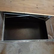 Industrial commodity has 2 drawers in metal brush patina wooden tray counterpoid