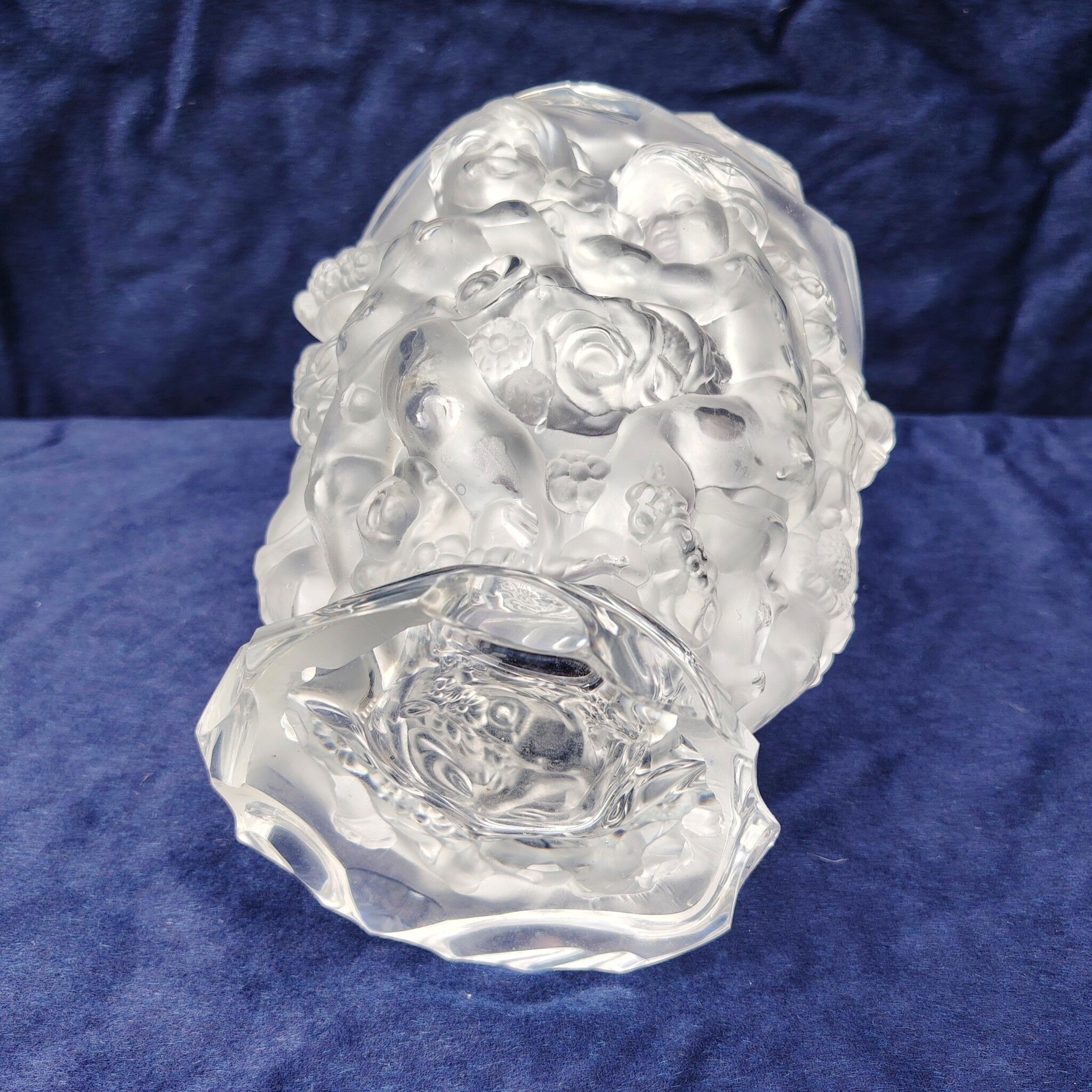 Frosted glass vase, decorated with cherubs and flowers, vintage.
