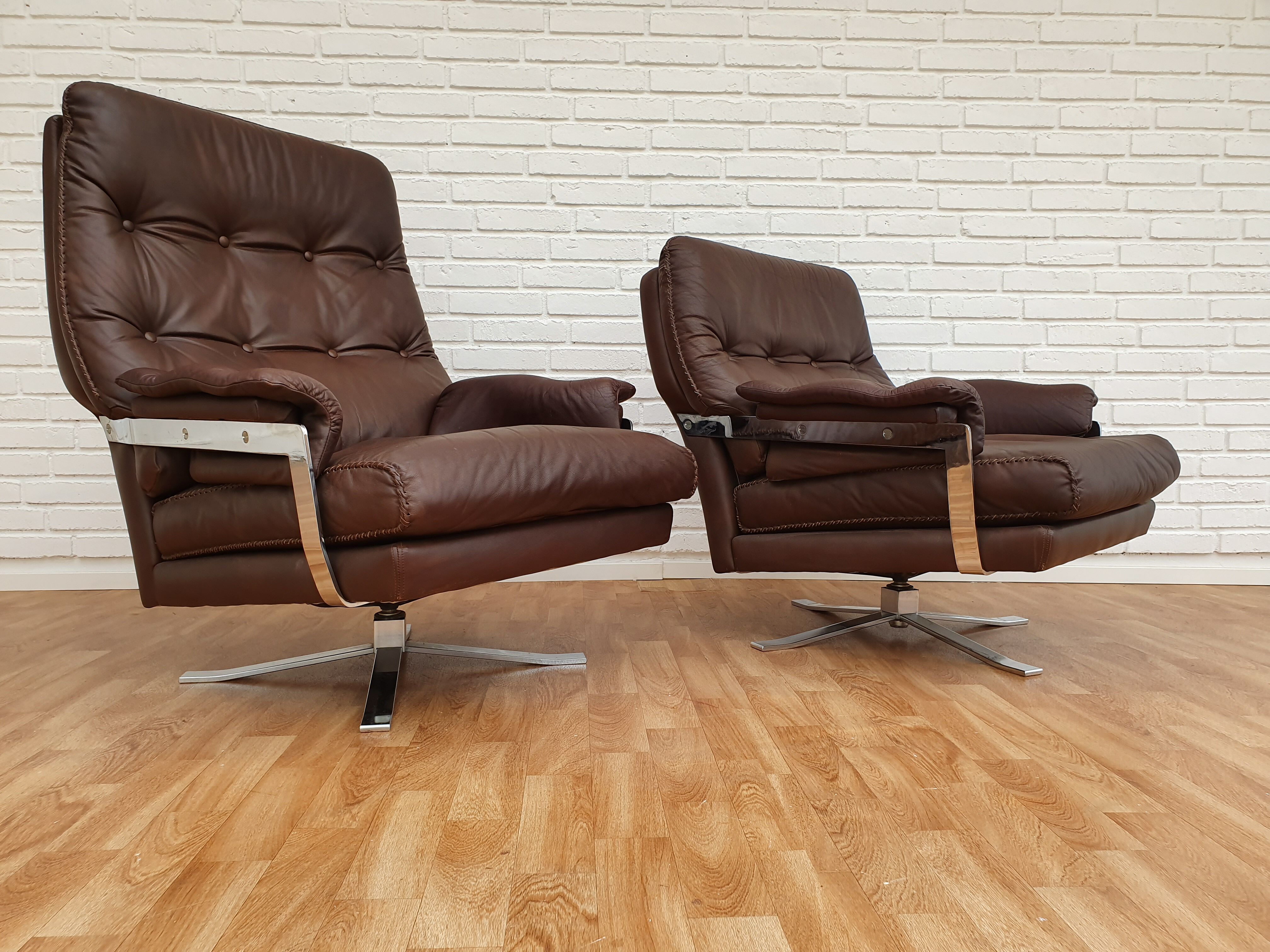 Swedish design 70s, Arne Norell sofa set, original upholstery, leather, chrome steel