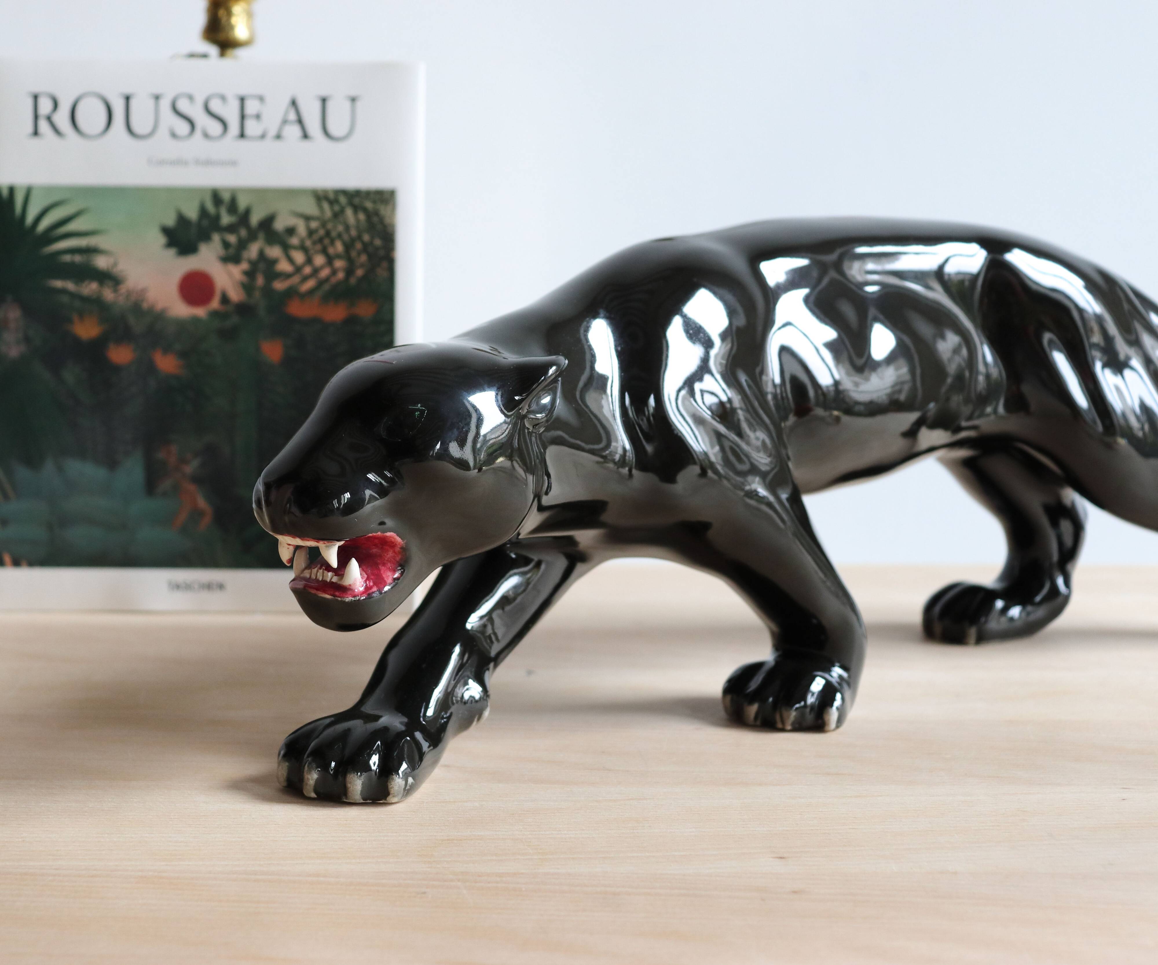 Art Deco ceramic black panther, 60cm sculpture
