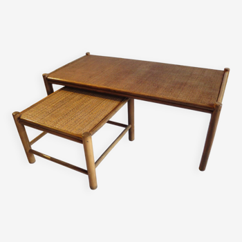 Tables basses gigognes vintage - bois et rotin tressé -couleur naturel – années 60
