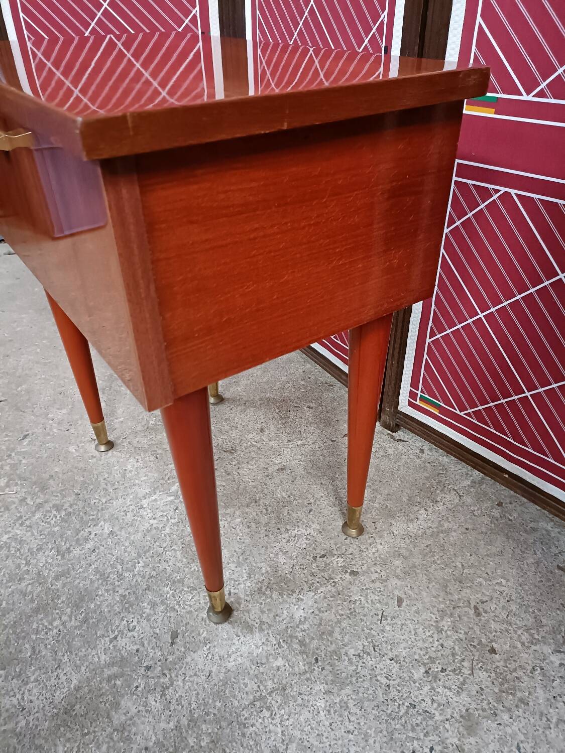 Vintage bedside table, mahogany veneer and tapered legs