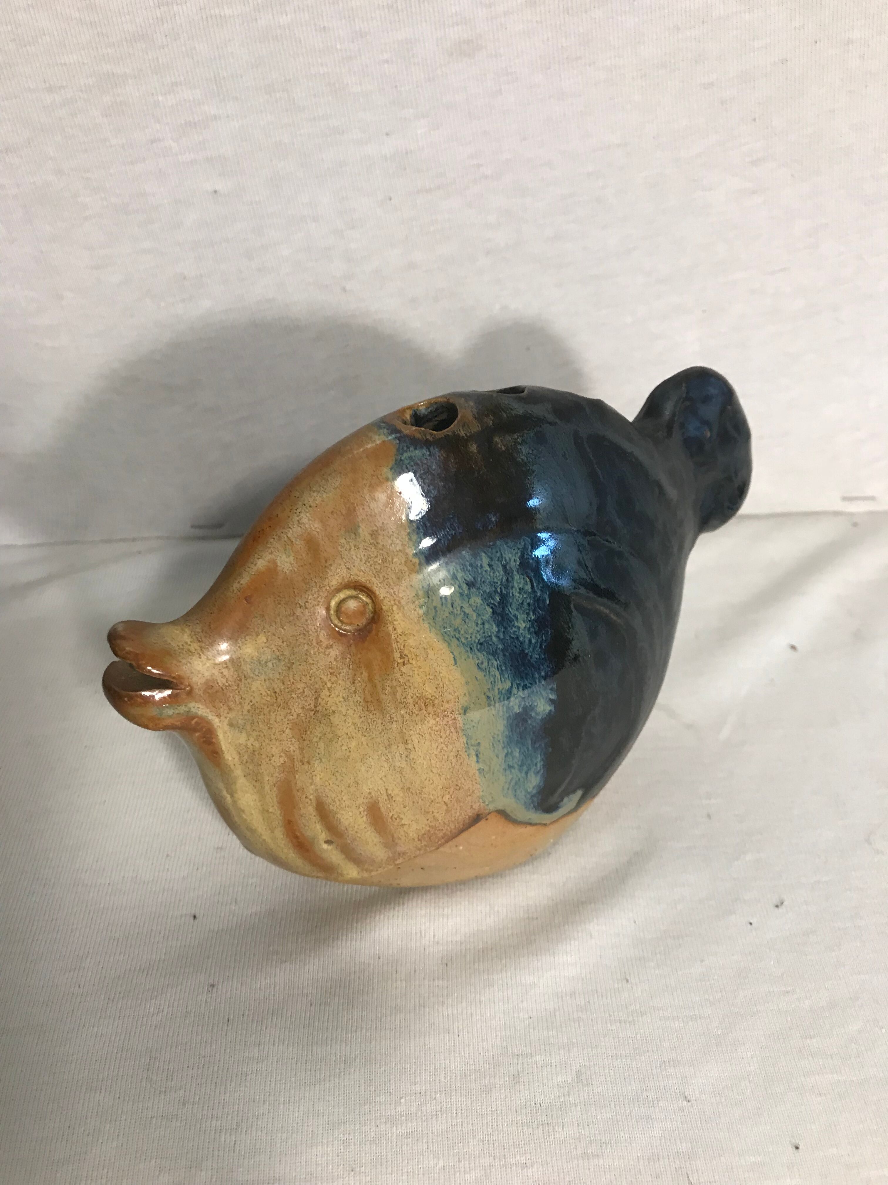 Old vase spades flowers fish ceramic beige & blue decoration vintage