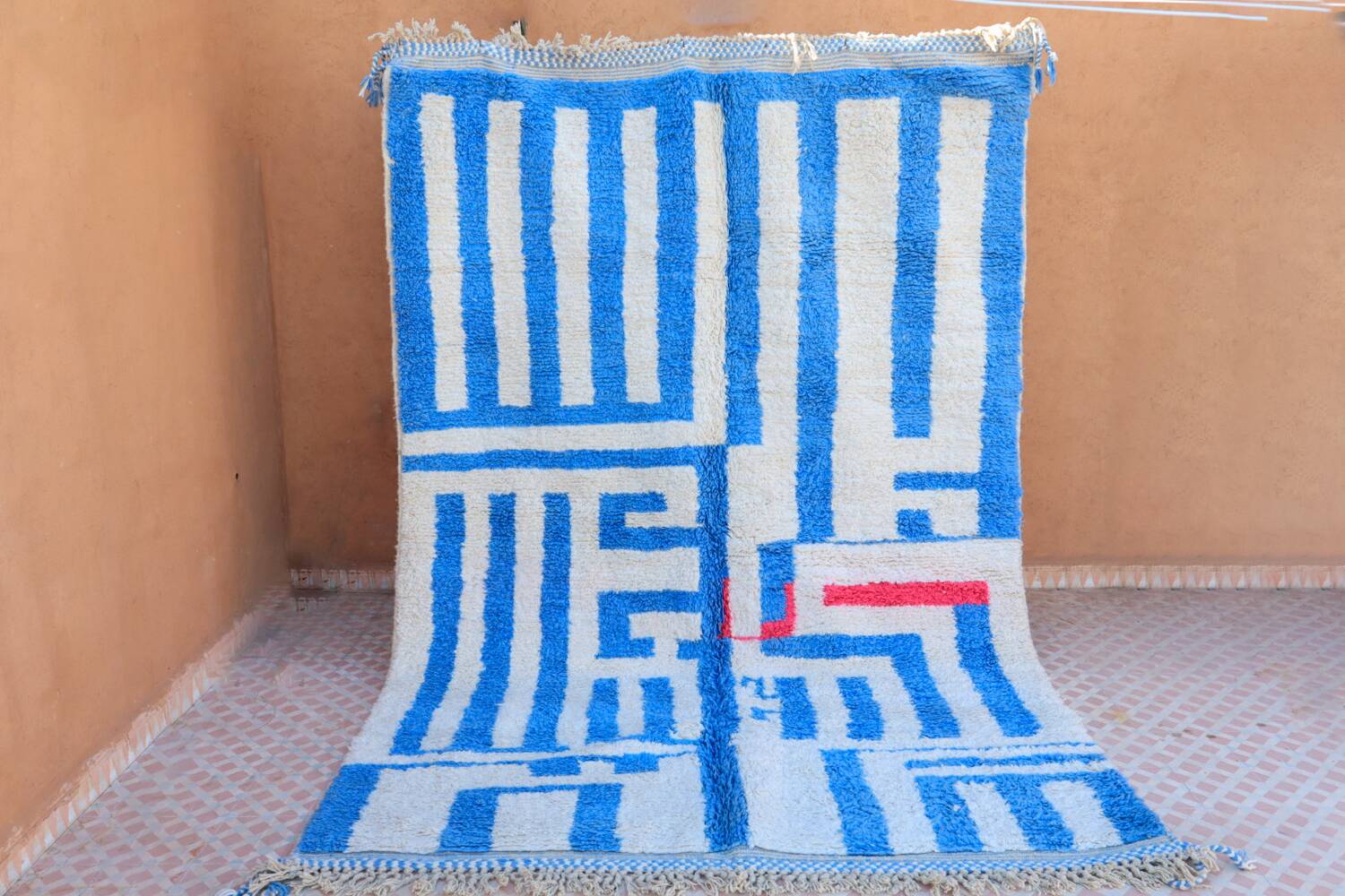 Moroccan Berber blessed ouarain rug modern blue and white