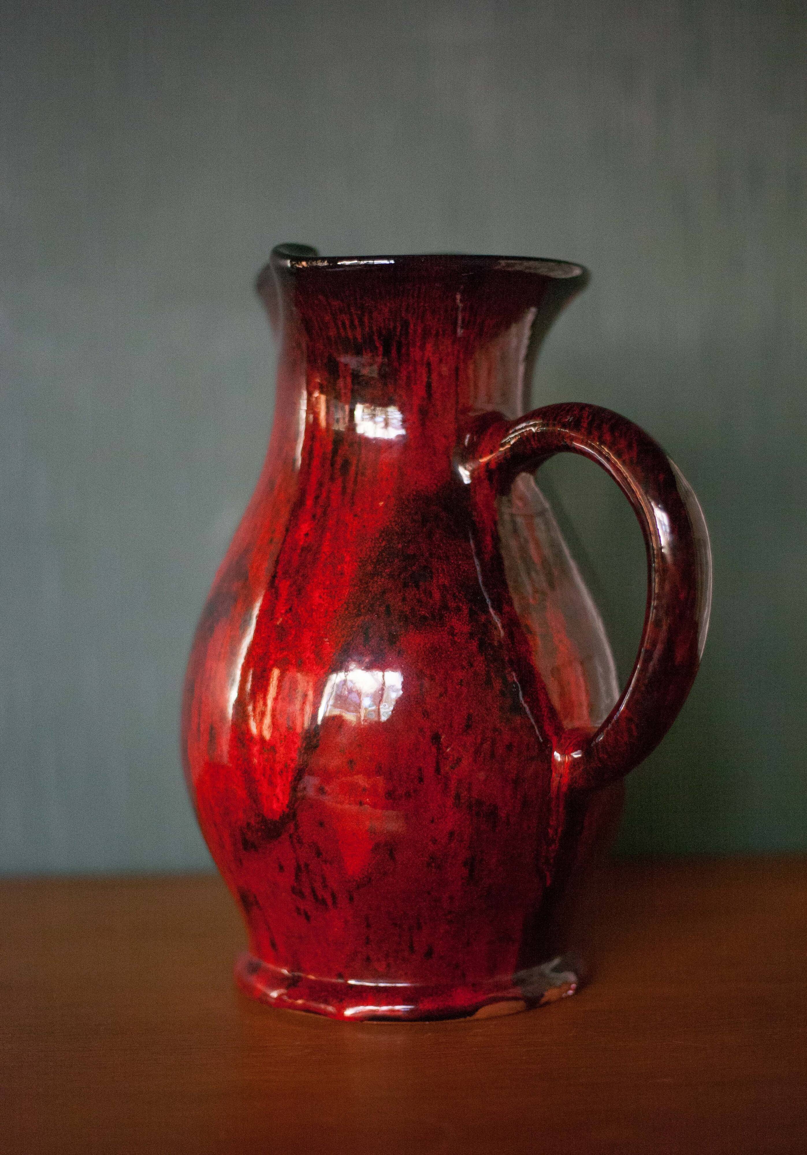Terracotta pitcher glazed in oxblood red and black, terracotta vase, vintage pitcher, kitchen