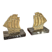 Pair of bookends bronze sailing boats and marble base