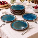 Set of 6 stoneware plates signed Tournay – Turquoise glaze – Vintage years