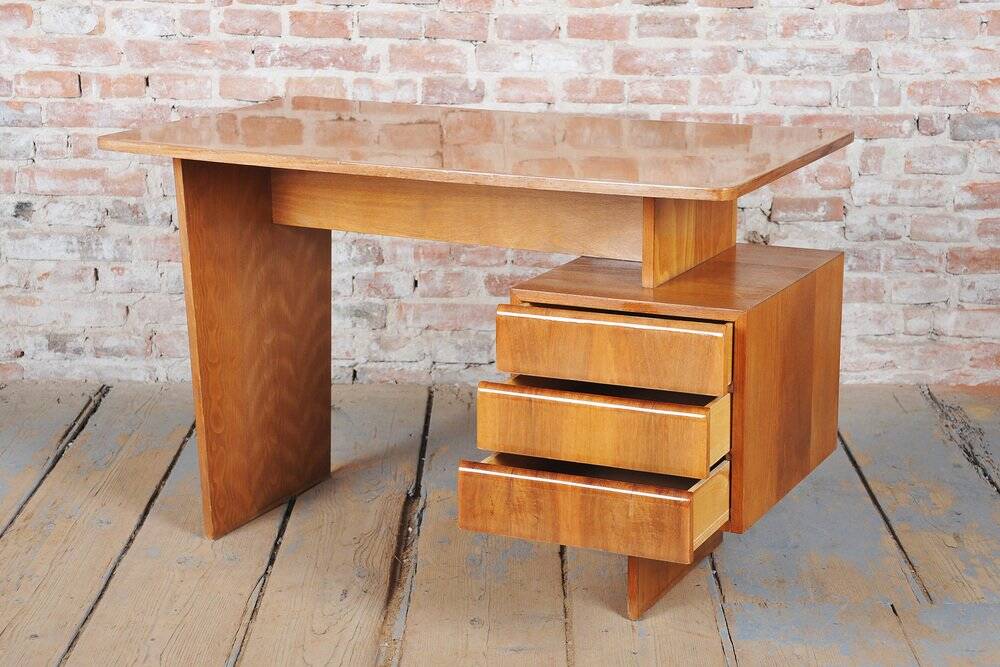 Mid-Century Walnut and Oak Writing Desk from B. Landsman, Czech, 1950s