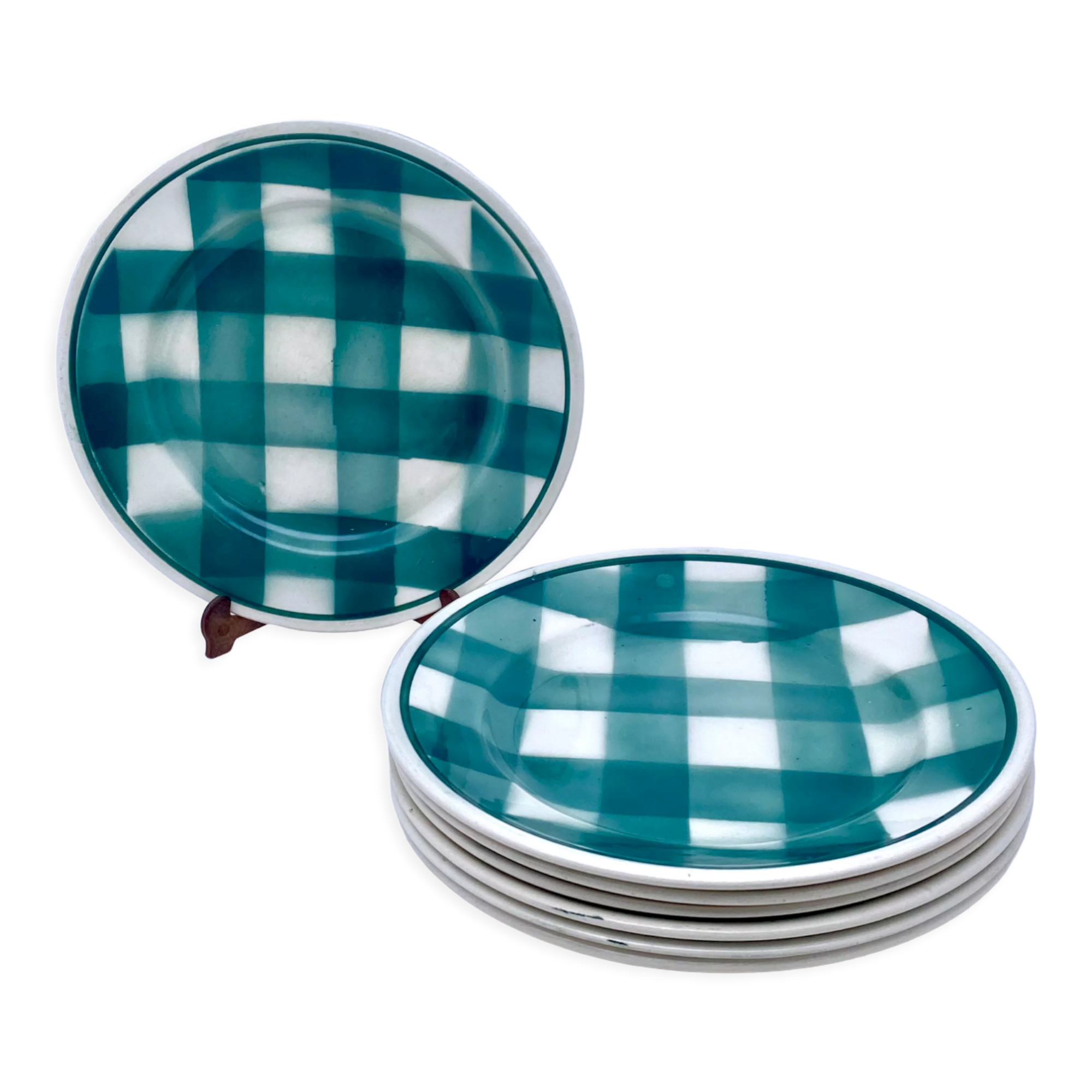 Vintage beige and green checkered service