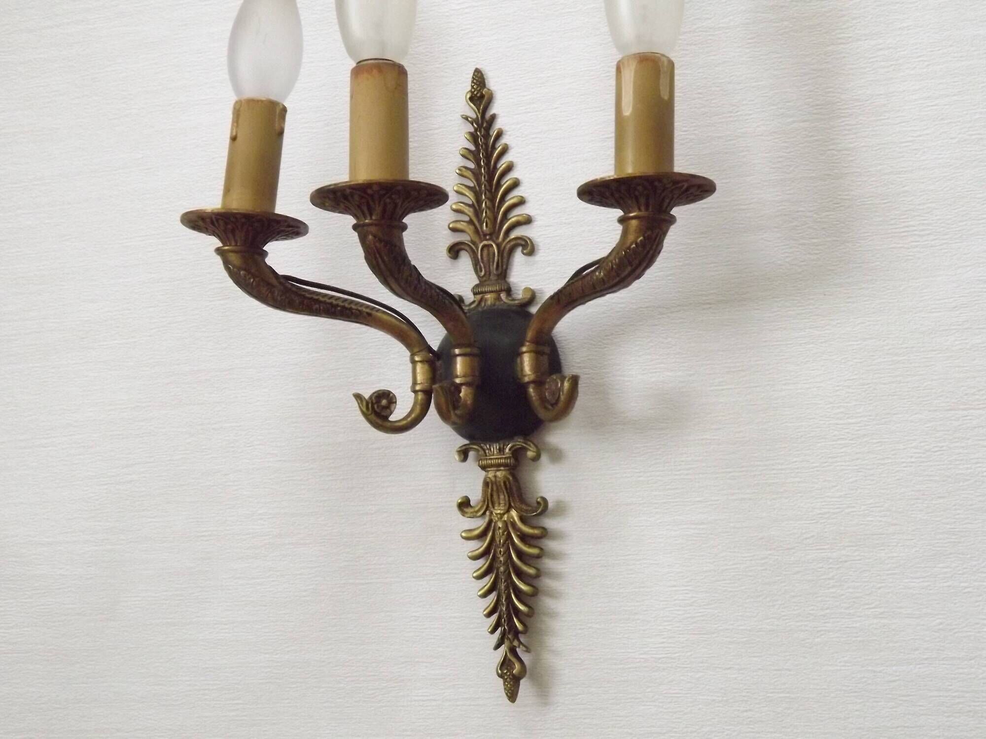 Set of 3 Bronze French Empire Style Triple Light Wall Sconces Neoclassical