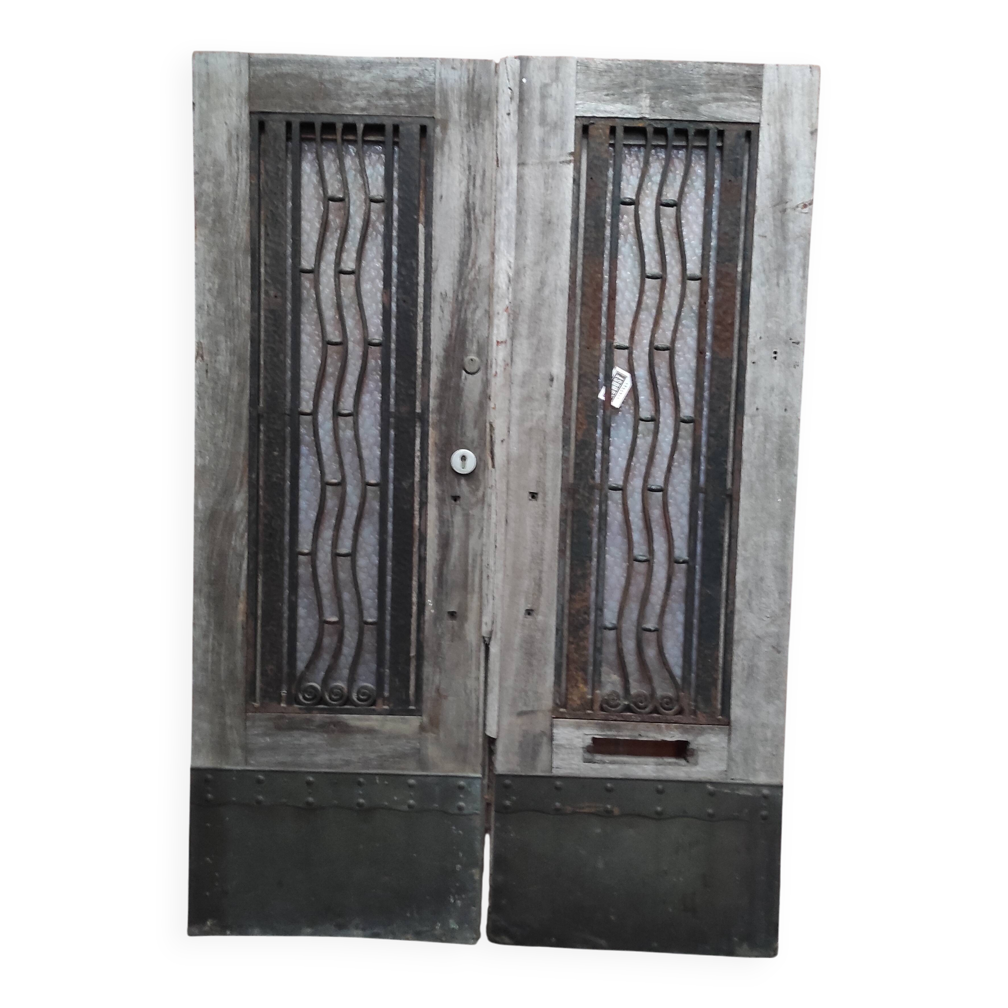 Antique Double Wooden Doors | Wrought Iron & Bubble Glass Entry Doors