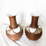 Pair of vintage Chinese porcelain vases circled with wicker